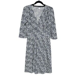 Karina "Megan" Dress, Size M/L, Blue & White Pattern, Wrap Bodice 3/4 Sleeve